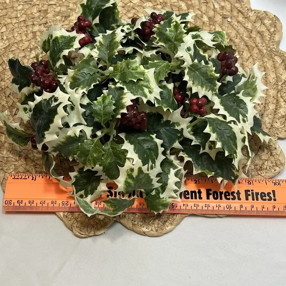 Vintage Candle Ring Centerpiece Wreath Variegated Green White Holly Red Berries
